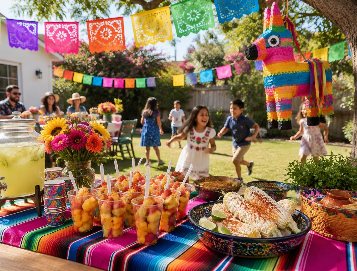 Backyard birthday table with fruit cups, elotes and a piñata