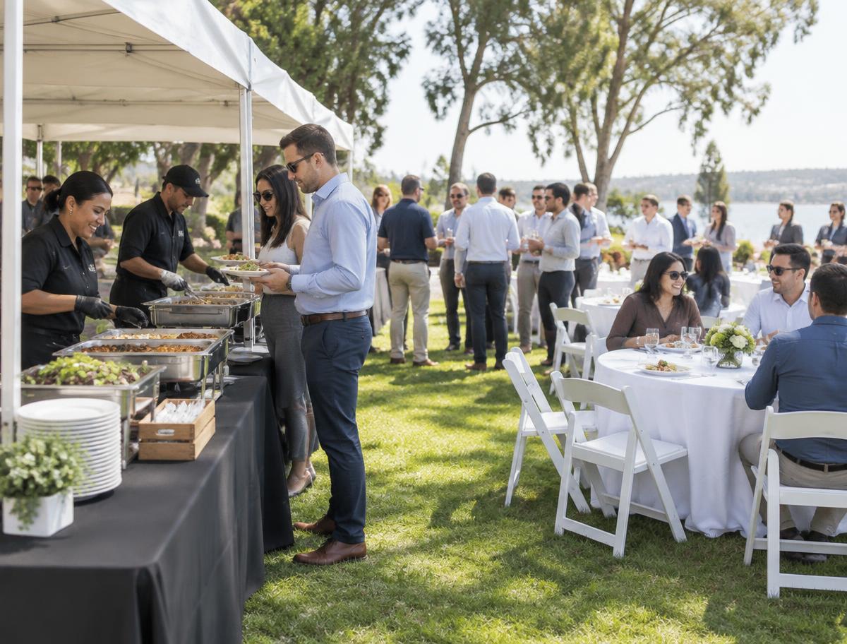 Catering tent serving guests at a company outdoor event