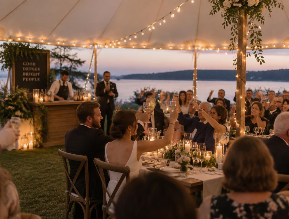 Wedding guests toasting under a tent with string lights at dusk
